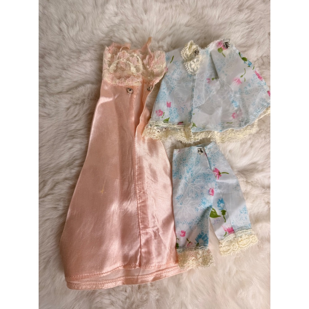 Vintage 1960s Doll Clothes Pink Satin Nightgown Floral Pajama Set Barbie Size